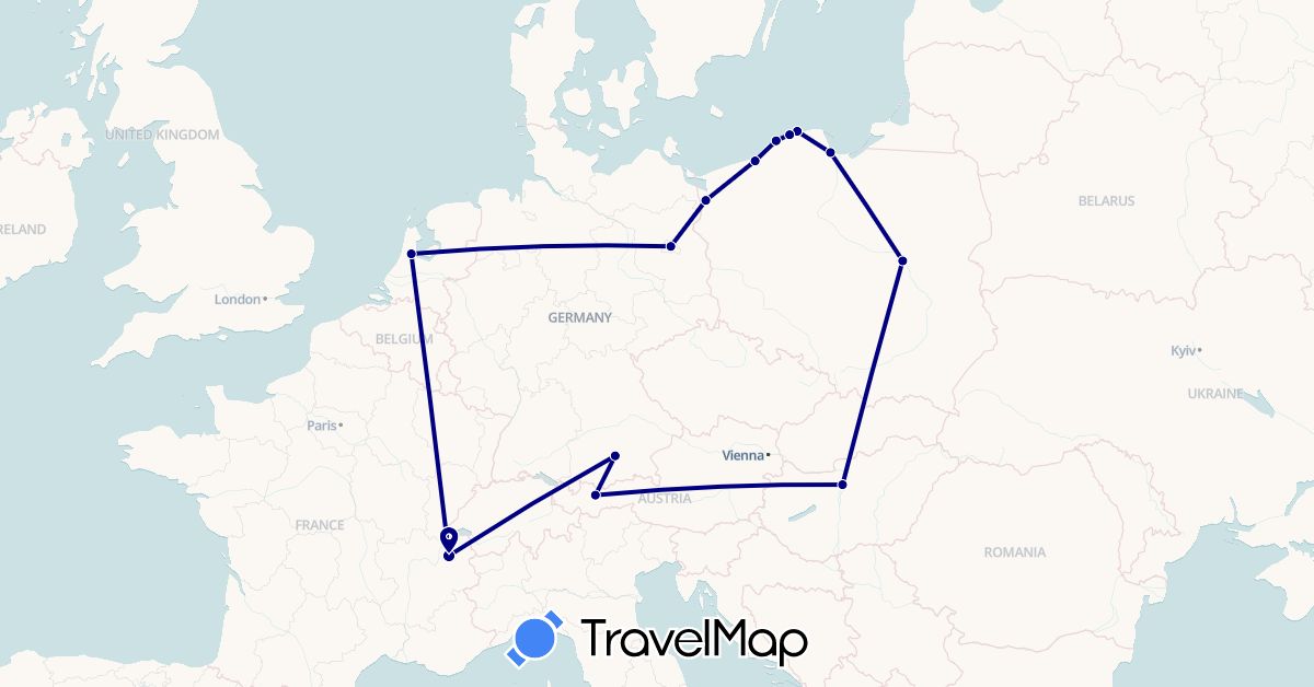 TravelMap itinerary: driving in Austria, Germany, France, Hungary, Netherlands, Poland (Europe)